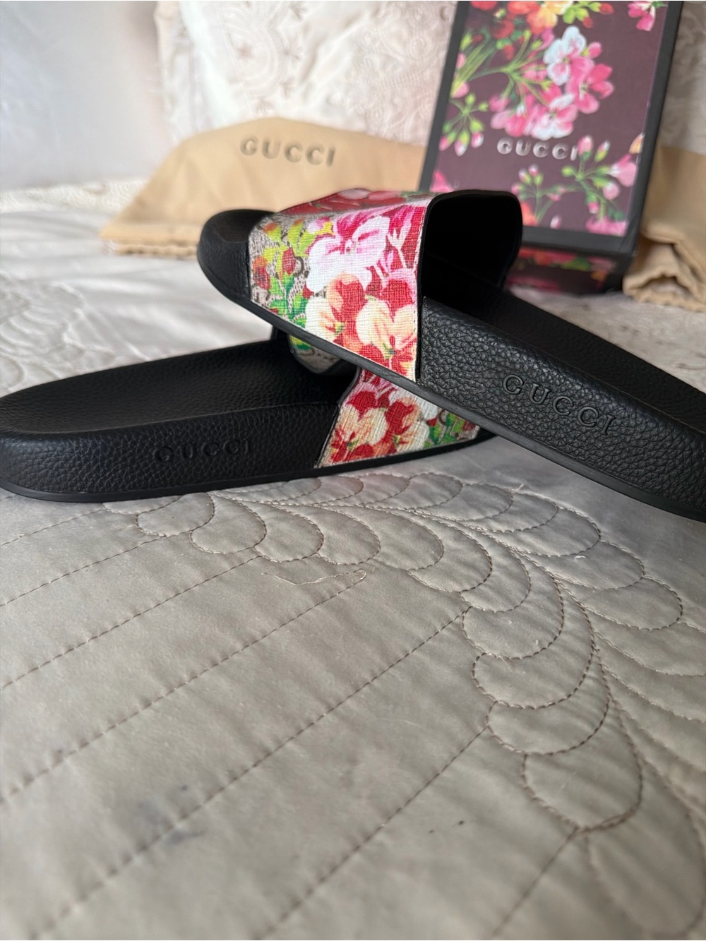 (NWOT) - Authentic Gucci - Black Slides with Pink & Green Floral GG Strap - Picture 5 of 7